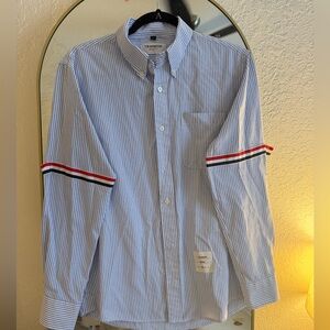 Thom Browne Blue and White Striped Shirt with Red Accents